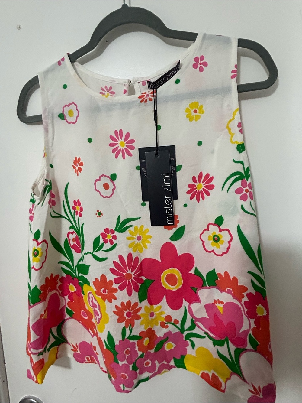 Mister Zimi White Floral Tank with Pink, Yellow & Green